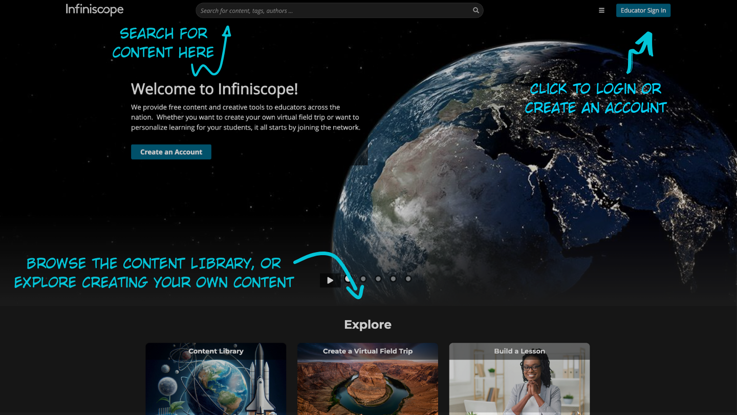 HOMEPAGE:  Arrow pointing to search bar. Arrow pointing to profile icon. Arrow pointing to lessons further down the page.